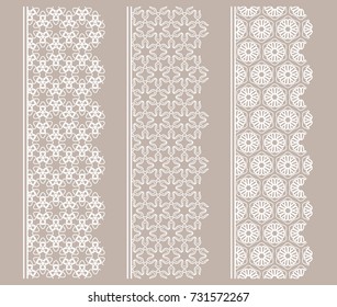 Vector set of line borders with geometric repeating texture. Isolated design elements for page decoration, headline, banners, wedding invitation cards. Fashion white lace collection