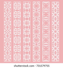 Vector set of line borders with geometric repeating texture. Isolated design elements for page decoration, headline, banners, wedding invitation cards. Fashion white lace collection