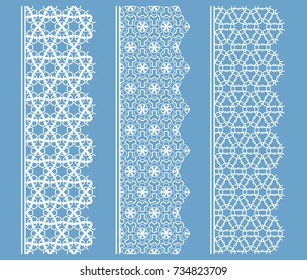 Vector set of line borders with geometric repeating texture. Isolated design elements for page decoration, headline, banners, wedding invitation cards. Fashion white lace collection