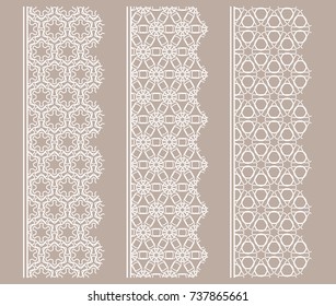 Vector set of line borders with geometric repeating texture. Isolated design elements for page decoration, headline, banners, wedding invitation cards. Fashion white lace collection