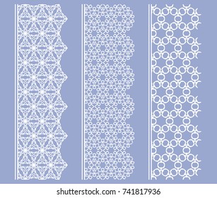 Vector set of line borders with geometric repeating texture. Isolated design elements for page decoration, headline, banners, wedding invitation cards. Fashion white lace collection