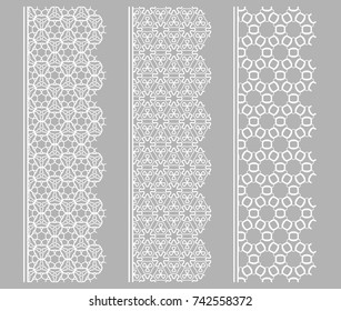Vector set of line borders with geometric repeating texture. Isolated design elements for page decoration, headline, banners, wedding invitation cards. Fashion white lace collection