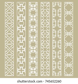 Vector set of line borders with geometric repeating texture. Isolated design elements for page decoration, headline, banners, wedding invitation cards. Fashion white lace collection