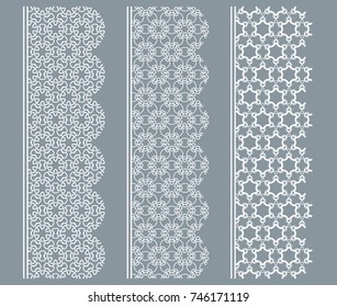 Vector set of line borders with geometric repeating texture. Isolated design elements for page decoration, headline, banners, wedding invitation cards. Fashion white lace collection