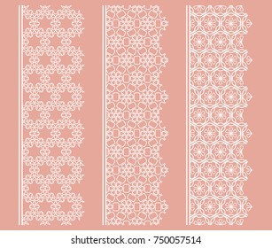 Vector set of line borders with geometric repeating texture. Isolated design elements for page decoration, headline, banners, wedding invitation cards. Fashion white lace collection