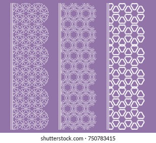 Vector set of line borders with geometric repeating texture. Isolated design elements for page decoration, headline, banners, wedding invitation cards. Fashion white lace collection