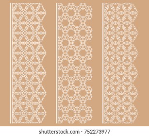 Vector set of line borders with geometric repeating texture. Isolated design elements for page decoration, headline, banners, wedding invitation cards. Fashion white lace collection