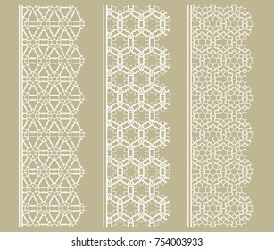 Vector set of line borders with geometric repeating texture. Isolated design elements for page decoration, headline, banners, wedding invitation cards. Fashion white lace collection