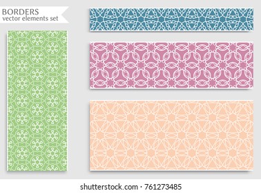 Vector set of line borders with geometric repeating texture. Isolated design elements for page decoration, headline, banners, wedding invitation cards. Fashion lace collection