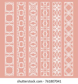 Vector set of line borders with geometric repeating texture. Isolated design elements for page decoration, headline, banners, wedding invitation cards. Fashion white lace collection