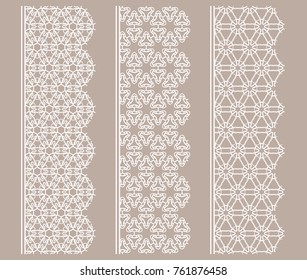 Vector set of line borders with geometric repeating texture. Isolated design elements for page decoration, headline, banners, wedding invitation cards. Fashion white lace collection