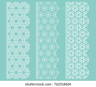 Vector set of line borders with geometric repeating texture. Isolated design elements for page decoration, headline, banners, wedding invitation cards. Fashion white lace collection