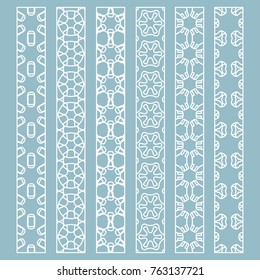 Vector set of line borders with geometric repeating texture. Isolated design elements for page decoration, headline, banners, wedding invitation cards. Fashion white lace collection
