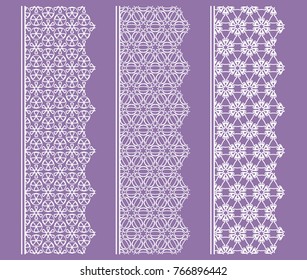Vector set of line borders with geometric repeating texture. Isolated design elements for page decoration, headline, banners, wedding invitation cards. Fashion white lace collection