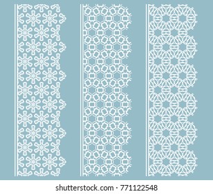 Vector set of line borders with geometric repeating texture. Isolated design elements for page decoration, headline, banners, wedding invitation cards. Fashion white lace collection