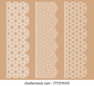 Vector set of line borders with geometric repeating texture. Isolated design elements for page decoration, headline, banners, wedding invitation cards. Fashion white lace collection