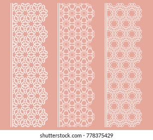 Vector set of line borders with geometric repeating texture. Isolated design elements for page decoration, headline, banners, wedding invitation cards. Fashion white lace collection