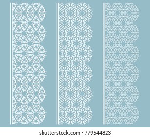 Vector set of line borders with geometric repeating texture. Isolated design elements for page decoration, headline, banners, wedding invitation cards. Fashion white lace collection