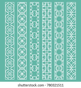 Vector set of line borders with geometric repeating texture. Isolated design elements for page decoration, headline, banners, wedding invitation cards. Fashion white lace collection