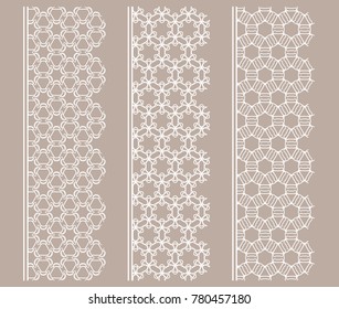 Vector set of line borders with geometric repeating texture. Isolated design elements for page decoration, headline, banners, wedding invitation cards. Fashion white lace collection