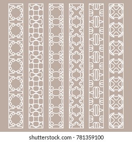 Vector set of line borders with geometric repeating texture. Isolated design elements for page decoration, headline, banners, wedding invitation cards. Fashion white lace collection