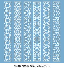 Vector set of line borders with geometric repeating texture. Isolated design elements for page decoration, headline, banners, wedding invitation cards. Fashion white lace collection
