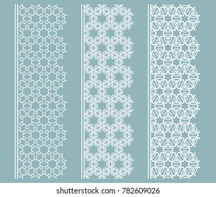 Vector set of line borders with geometric repeating texture. Isolated design elements for page decoration, headline, banners, wedding invitation cards. Fashion white lace collection