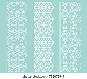Vector set of line borders with geometric repeating texture. Isolated design elements for page decoration, headline, banners, wedding invitation cards. Fashion white lace collection