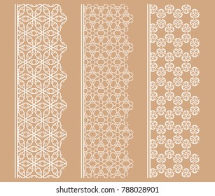 Vector set of line borders with geometric repeating texture. Isolated design elements for page decoration, headline, banners, wedding invitation cards. Fashion white lace collection