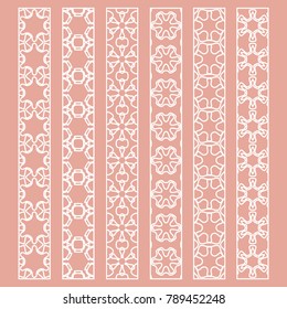 Vector set of line borders with geometric repeating texture. Isolated design elements for page decoration, headline, banners, wedding invitation cards. Fashion white lace collection