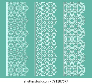 Vector set of line borders with geometric repeating texture. Isolated design elements for page decoration, headline, banners, wedding invitation cards. Fashion white lace collection