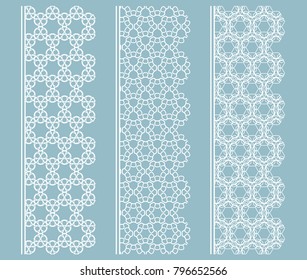 Vector set of line borders with geometric repeating texture. Isolated design elements for page decoration, headline, banners, wedding invitation cards. Fashion white lace collection