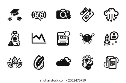 Vector set of Line chart, Cloudy weather and Organic tested icons simple set. Throw hats, Startup and Bureaucracy icons. Nurse, Cloud storage and Recovery ssd signs. Vector