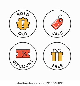 Vector set of line circle icons and badges - sold out, sale, discount and free - emblems for advertising and promotion online shops and stores