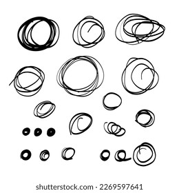 Vector set of line circles.  Circular doodles for accents and notes, black design elements isolated on white background.