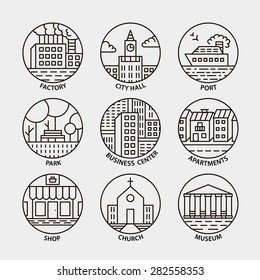 Vector set of line city circle icons. Port, shop, city hall, business center, museum, park, apartments, factory, church