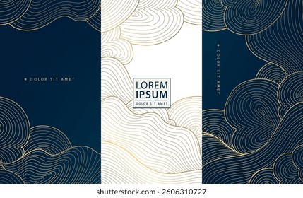 Vector set of line cloud golden patterns, chinese, japanese wave smoke textures, asian curve cards. Luxury premium abstract posters, art, labels, package