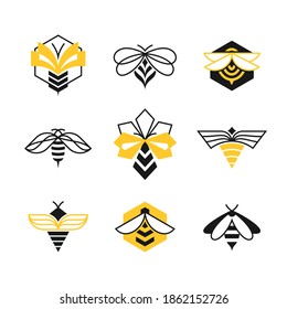 Vector set of line and color bee icons, symbols' set. 