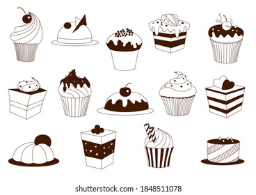 Vector set of line cupcakes. Sweet design 