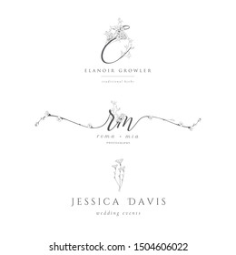 Vector set of line design elements for floral logos, frames and border. Decorated with detailed delicate flowers and brunches