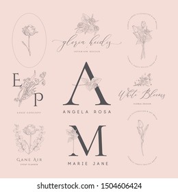 Vector set of line design elements for floral logos, monograms, frames and border. Decorated with detailed delicate flowers and brunches