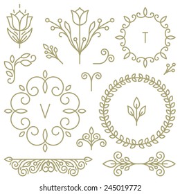 Vector set of line design elements for logos, frames and borders in modern style 