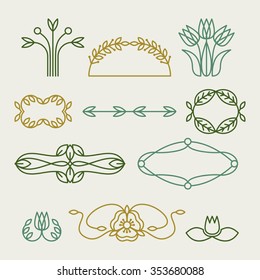 Vector set of line design elements for logos, frames and borders in modern style. 