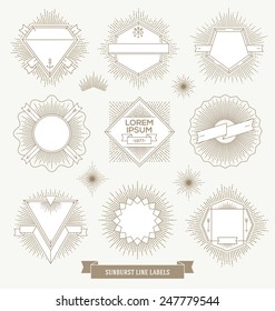 Vector set of line design emblem, sign and hipster labels with sunburst rays