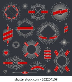 Conjunto de vetor de design de linha emblema, sinal e rótulos hipster com raios de sol