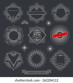 Conjunto de vectores de emblema de diseño de línea, rótulos y etiquetas de hipster con rayos de sol