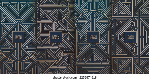 Vector set of line design in trendy vintage style, abstract art deco geometric frames with archs, luxury package templates. Use for wedding invitation, chocolate, wine,  cover, card, print, poster