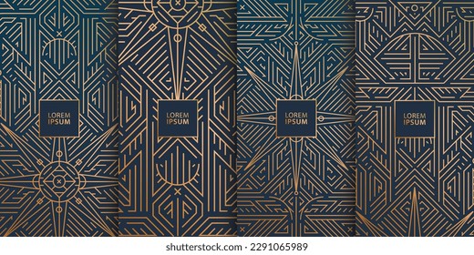 Vector set of line design in trendy vintage style, abstract art deco geometric frames, luxury package templates with leaves. Use for wedding invitation, chocolate, wine, cover, card, print, poster