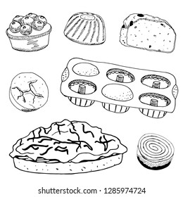 Vector set of line drawing bakery products, doodle sketch on a white background, hand drawn design elements. cake, coockies, bread, design, menu icons, food, sweet, cupcake