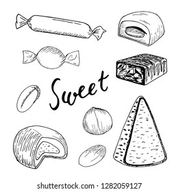 Vector set of line drawing candy, sketch at white background, hand drawn design elements.